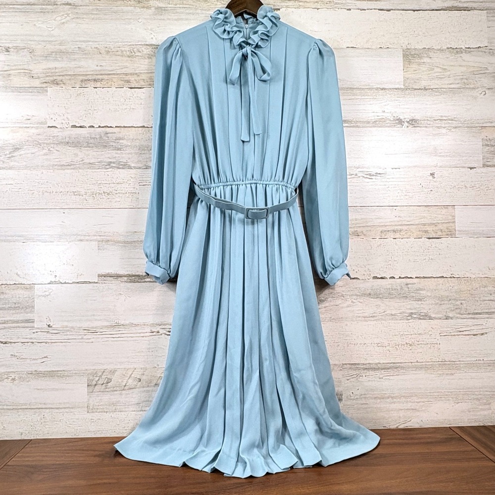 Jack Bryan Pleated Chiffon Midi Dress Vintage 70s Size 6 Blue Ruffle Neck Belted